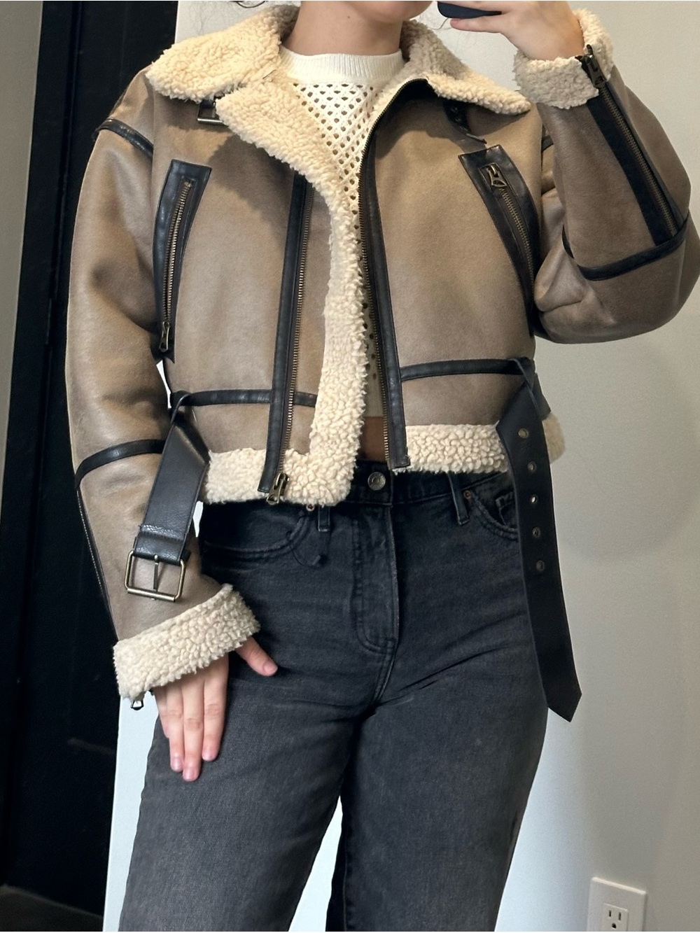 Zara Taupe Bomber Jacket with Cream Shearling and Black Trim